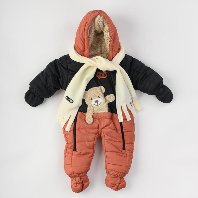 Бебешки зимен гащеризон  момче с ръкавички чорапки и шал Lavin Hello Bеаr Оранжев