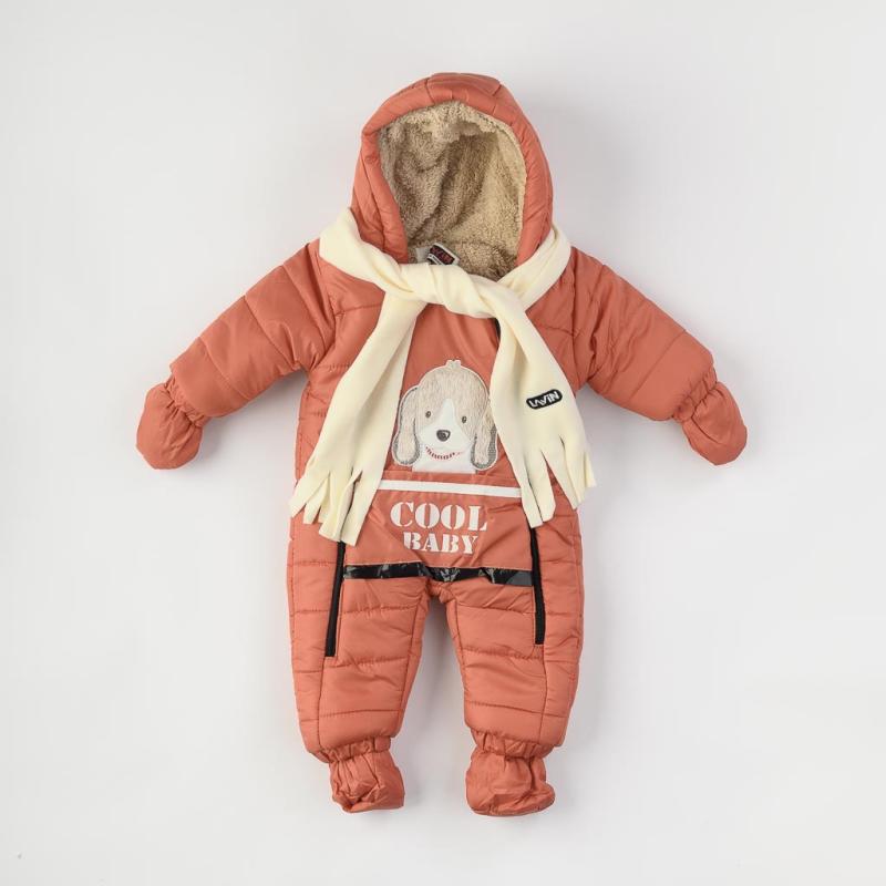 Бебешки зимен гащеризон  момче с ръкавички чорапки и шал Lavin Cool baby dog Оранжев
