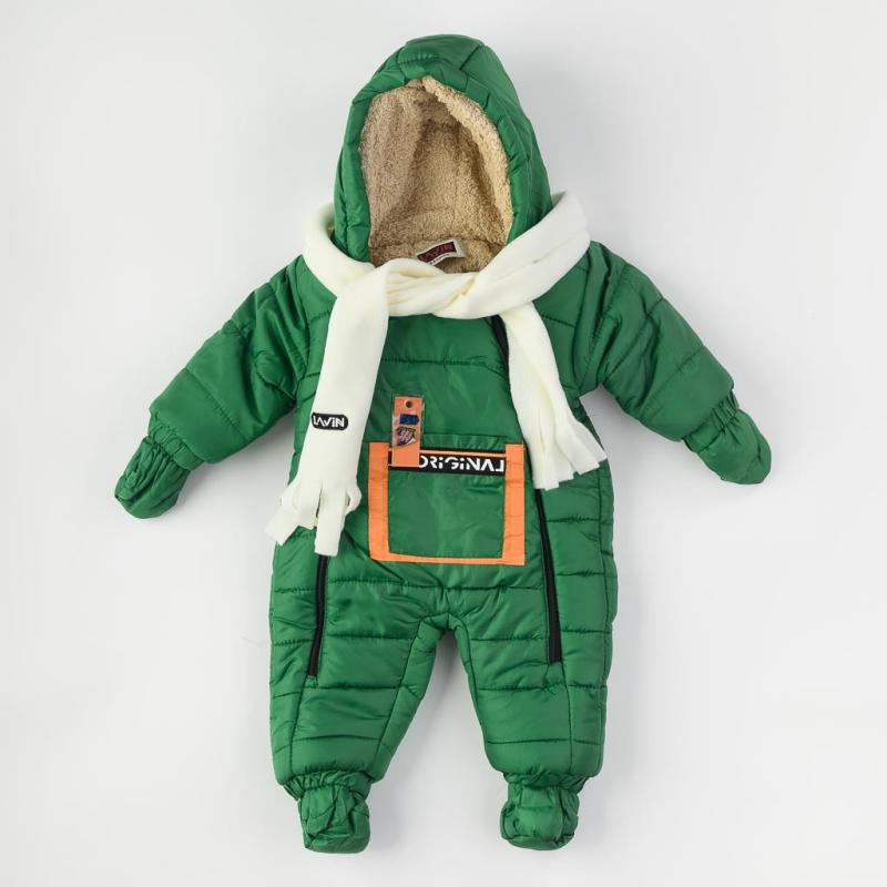 Salopetă bebe de iarnă Pentru băiat cu mânuşi ciorapi şi eşarfă  Lavin Original  Verde