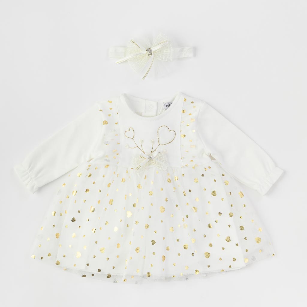 Бебешка рокля с тюл лента за коса Mini born Бяла