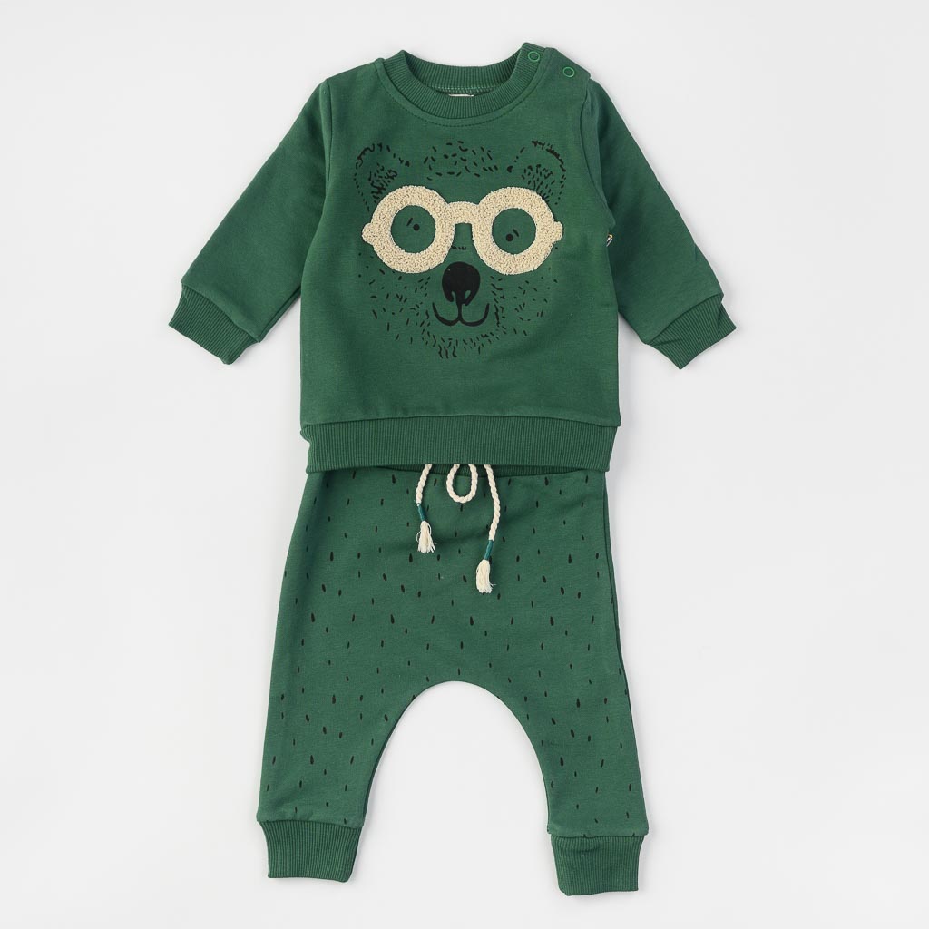 Бебешки спортен комплект за момче Minilox Bear with glasses Ватиран Зелен
