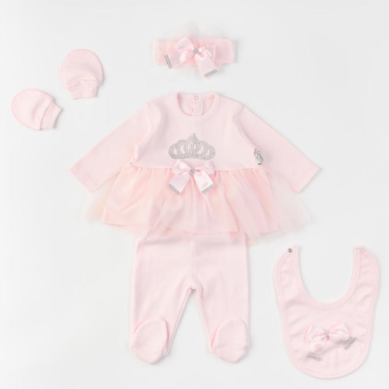 Комплект  новородено момиче 5 части с тюл Tafyy Princess is here Розов