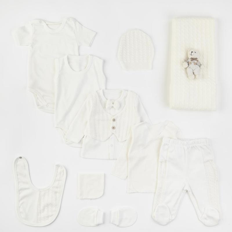Βρεφικό σετ νεογέννητου με κουβερτουλα Πλεκτο Για Αγόρι  Tafyy  10 τεμαχια παιχνιδι αρκουδακι Ασπρο