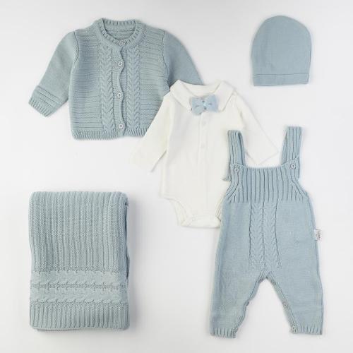 Бебешки комплект за изписване за момче плетиво 5 части с пелена Tafyy Светлосин