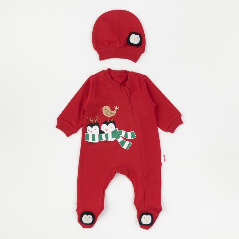 Baby Christmas onesie with a hat For a boy  Agucuk   Penguin  Red