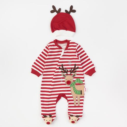 Βρεφικο χριστουγεννιατικο ολοσωμο φορμακι με καπελο Για Αγόρι  Agucuk   Happy Deer  Κοκκινο