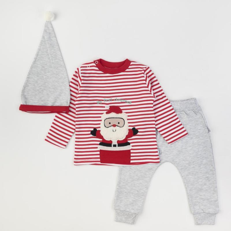 Бебешки коледен комплект  момче - блузка панталон и шапка Paun Babt Santa is coming Сив