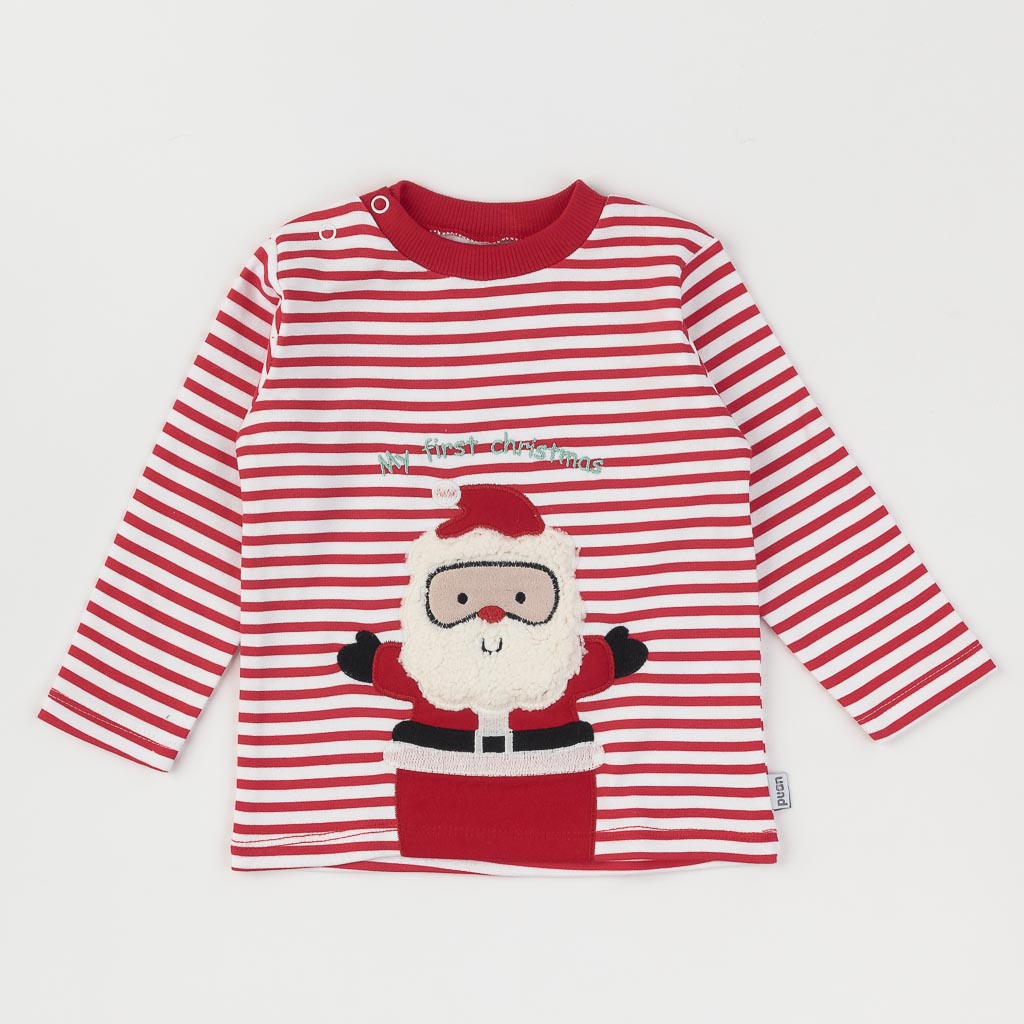 Бебешки коледен комплект за момче - блузка панталон и шапка Paun Babt Santa is coming Сив