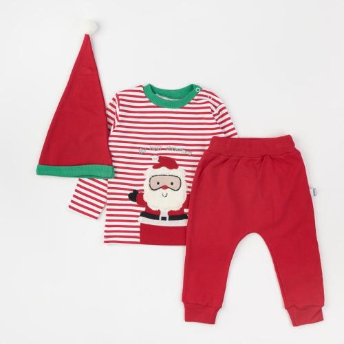 Бебешки коледен комплект за момче - блузка панталон и шапка Paun Babt Santa is coming Червен