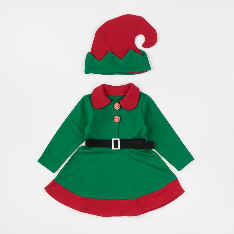 Rochie de Crăciun pentru copii cu căciulă  Elf lady   By Lyra  Verde