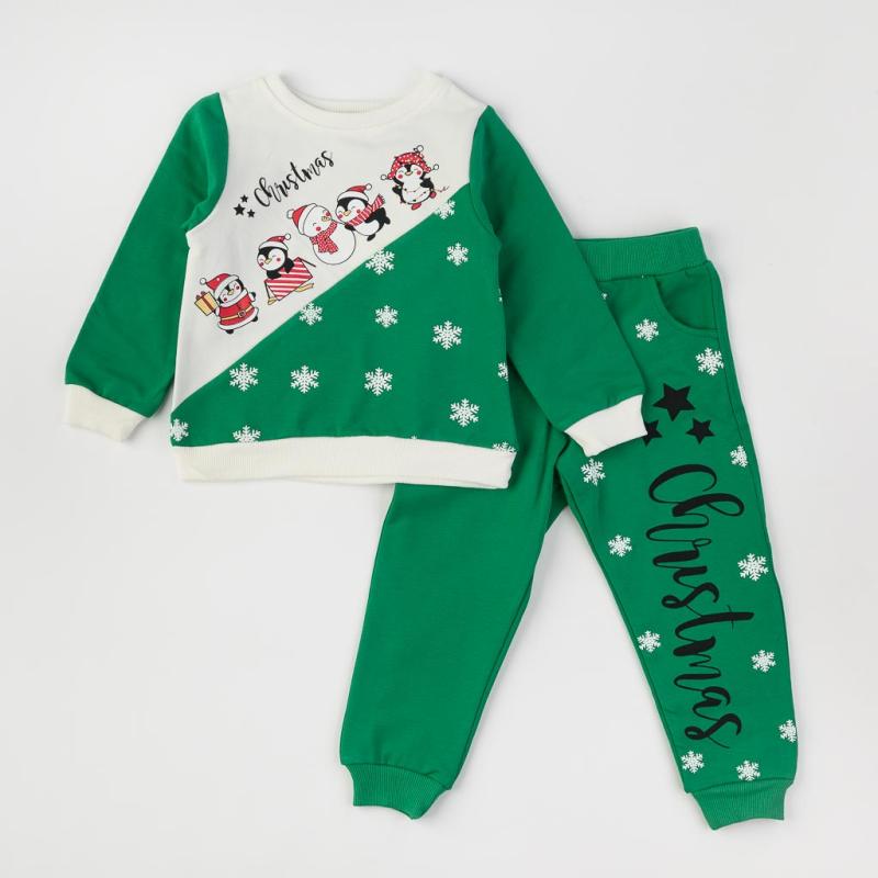 Set copii de Crăciun bluziţă şi Pantaloni  Penguin Christmas  Matlasat Verde