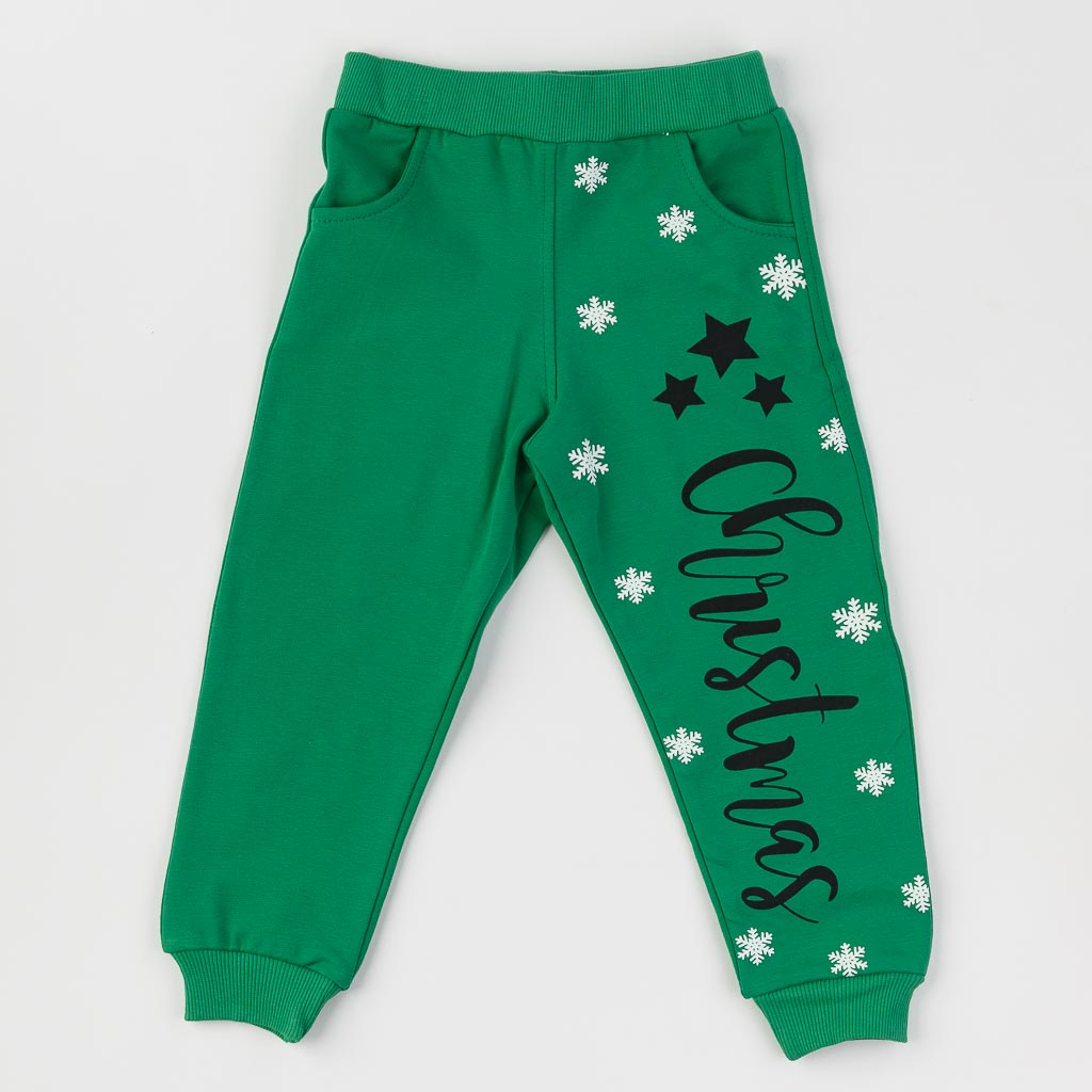 Детски коледен комплект блузка и панталон Penguin Christmas Ватиран Зелен