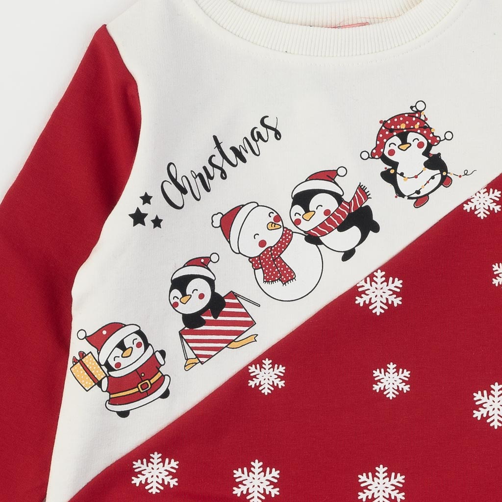 Детски коледен комплект блузка и панталон Penguin Christmas Ватиран Червен