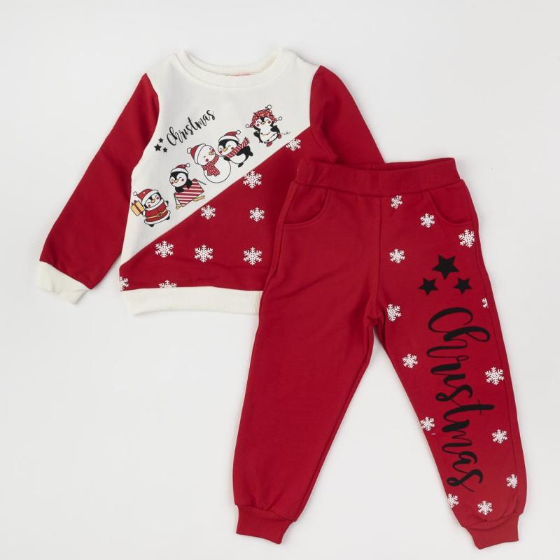 Childrens Christmas set blouse and Pants  Penguin Christmas  Quilted Red