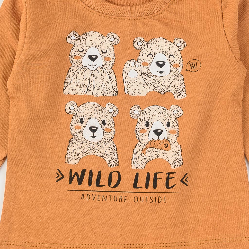 Бебешки комплект за момче блуза панталон и ризка JNF Wild life Кафяв
