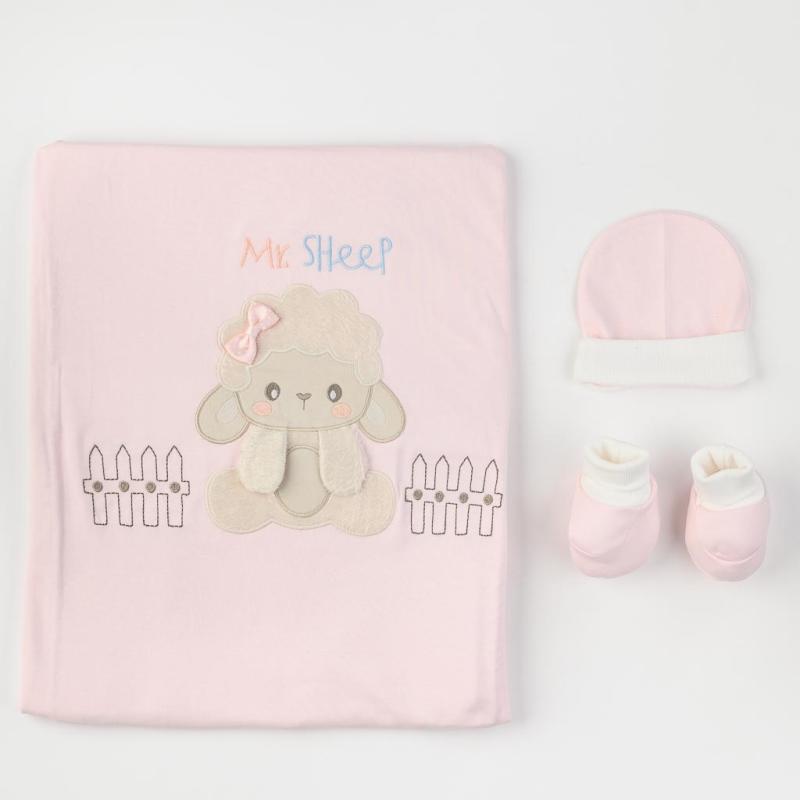 Baby blanket with a hat and baby boots For a girl  90x90   Sheep   Baby line  Pink