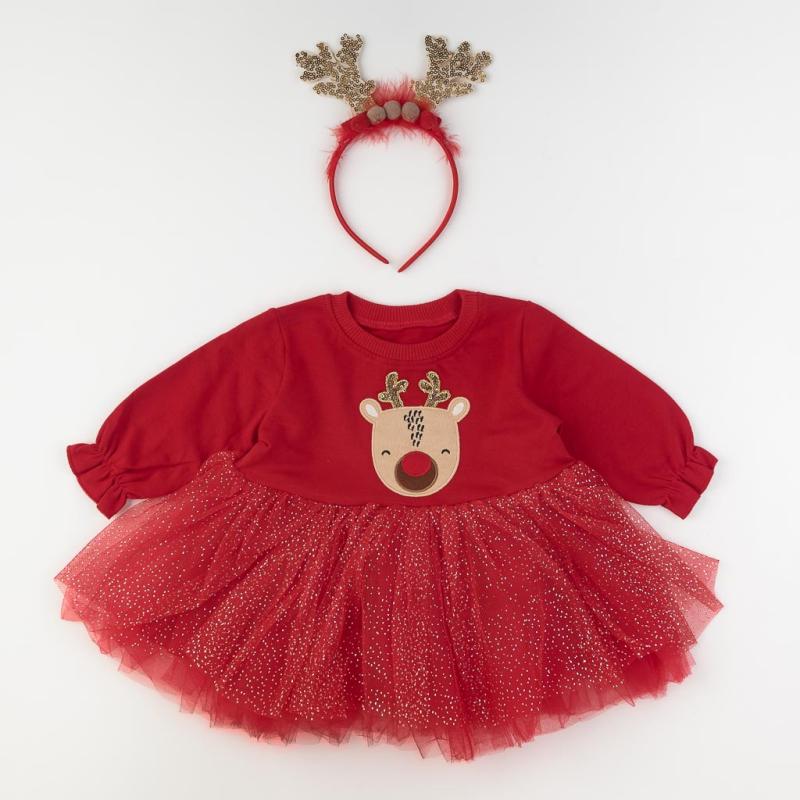 Childrens Christmas dress with tulle and tiara  Merry Rudolf  Red