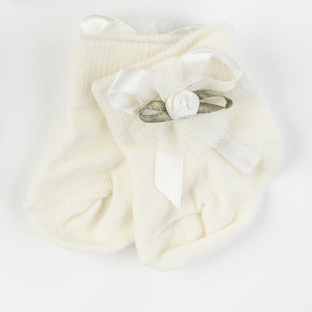 Комплект 2 броя бебешки чорапки с лента за коса Damla Rose Бели