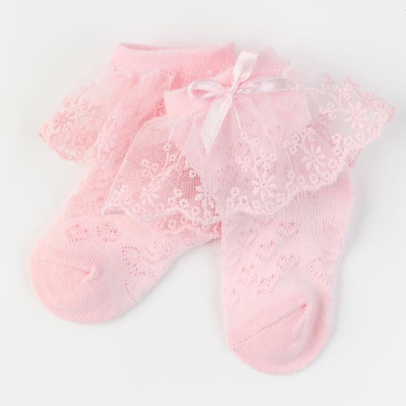 Бебешки чорапки  момиче с къдрички от дантела JW Collection Розови