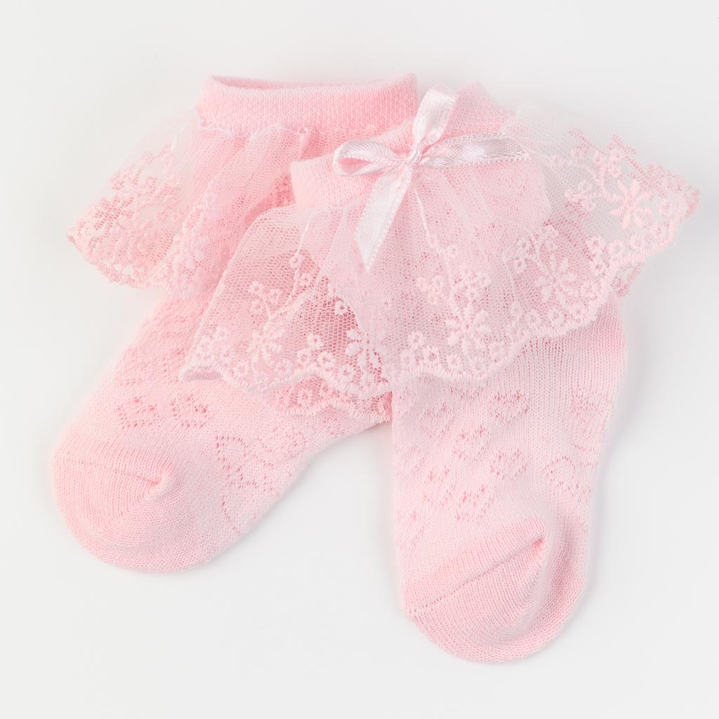 Бебешки чорапки за момиче с къдрички от дантела JW Collection Розови