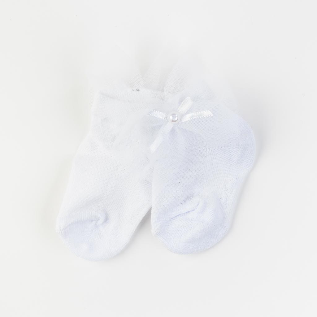 Бебешки чорапки за момиче с панделка от тюл JW Collection Бели