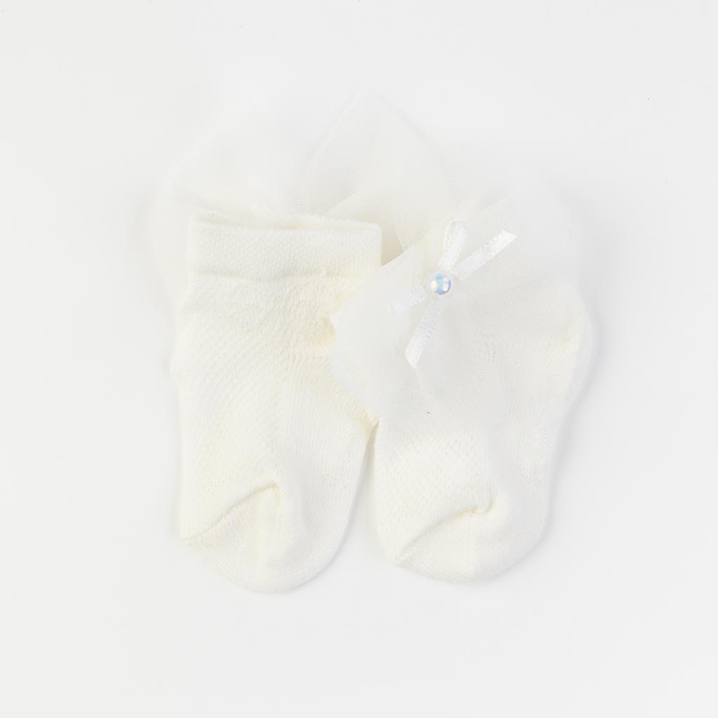 Бебешки чорапки за момиче с панделка от тюл JW Collection Екрю