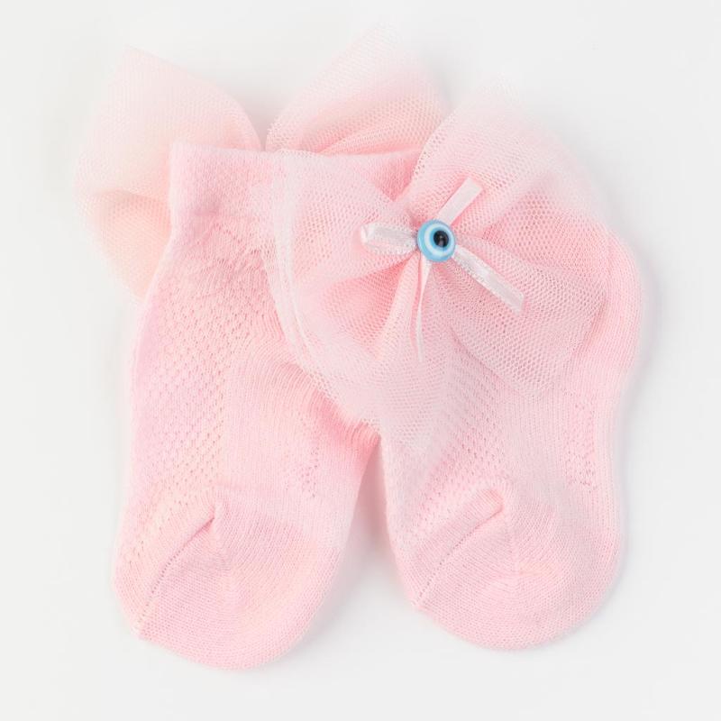 Бебешки чорапки  момиче с панделка и орнамент JW Collection Розови