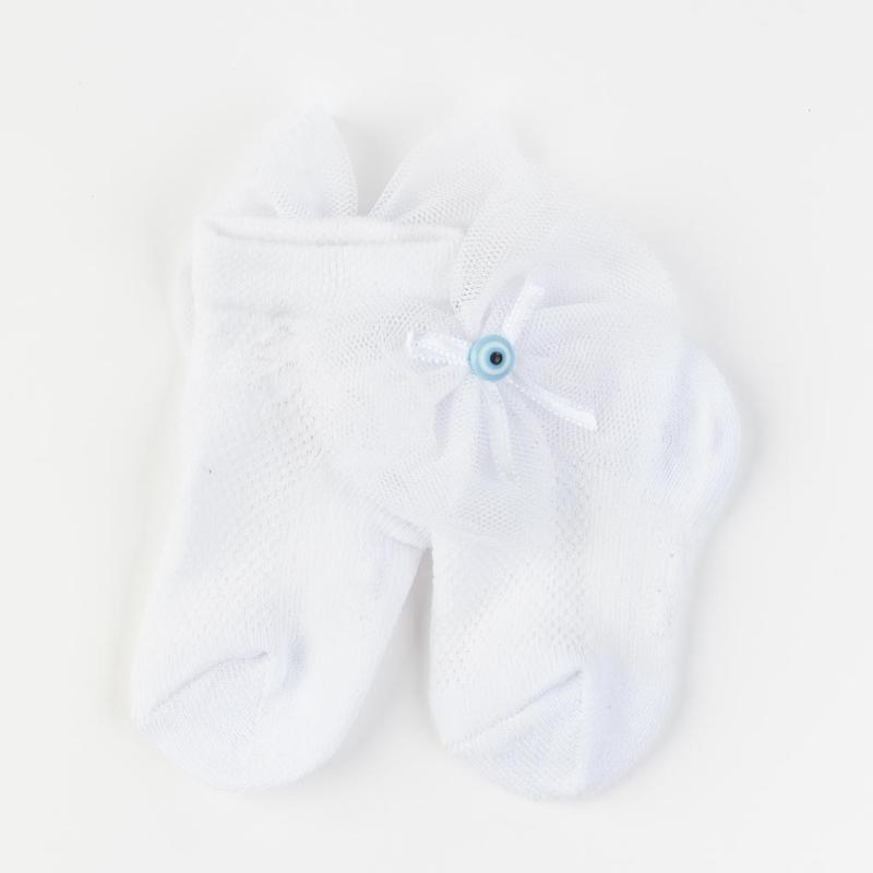 Бебешки чорапки  момиче с панделка и орнамент JW Collection Бели
