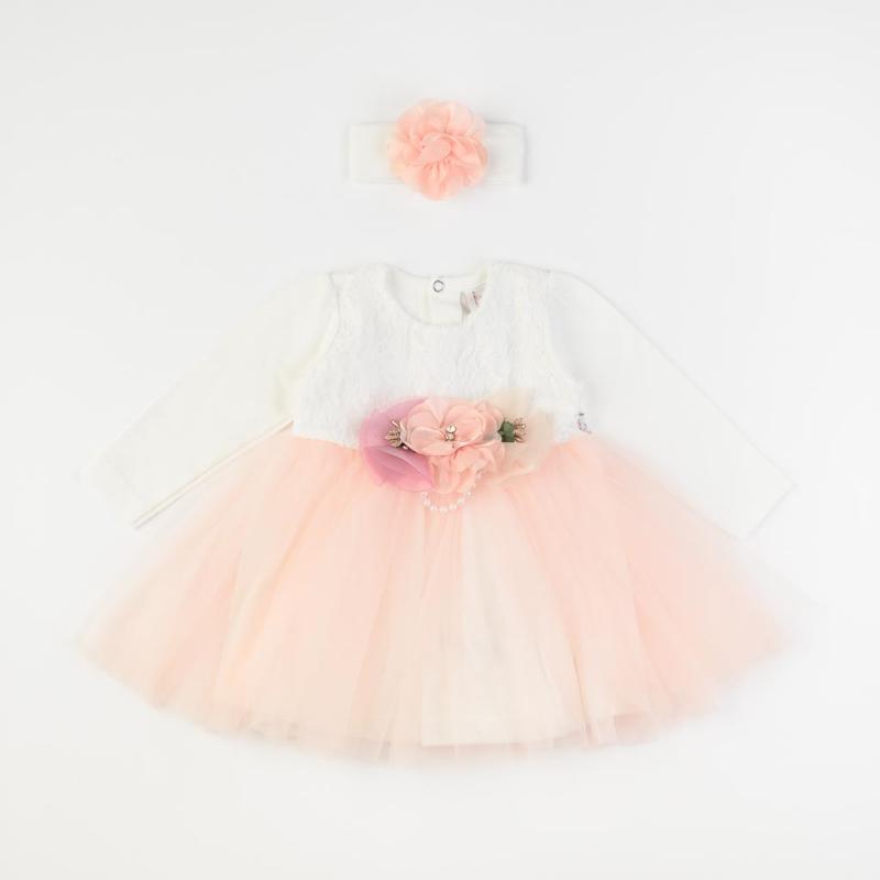 Бебешка официална рокля с лента  коса и тюл Pearl Bulsen baby - Праскова