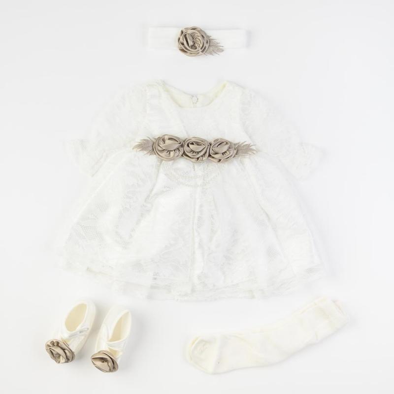 Бебешки комплект официална рокля с дантела с чорапогащник лента  коса и обувчици Amante Brown Flower Бял