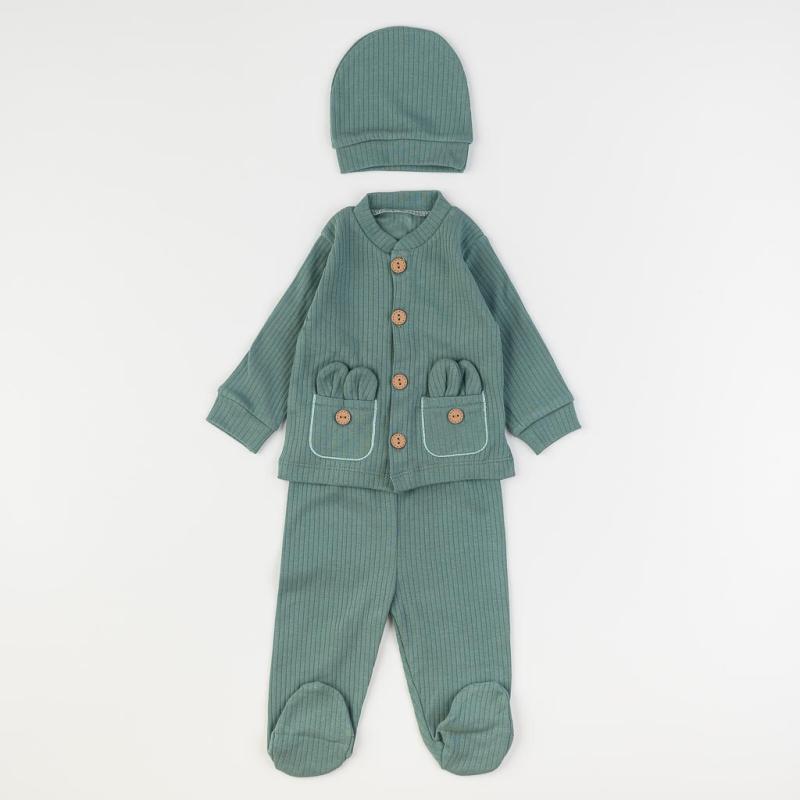 Бебешки комплект блузка с джобчета ританки и шапка Mini love This bunny Тъмнозелен