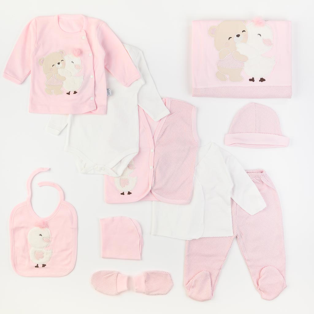 Βρεφικό σετ νεογέννητου με κουβερτουλα Για Κορίτσι  Tonton Teddy loves Ducky  10 τεμαχια Ροζ