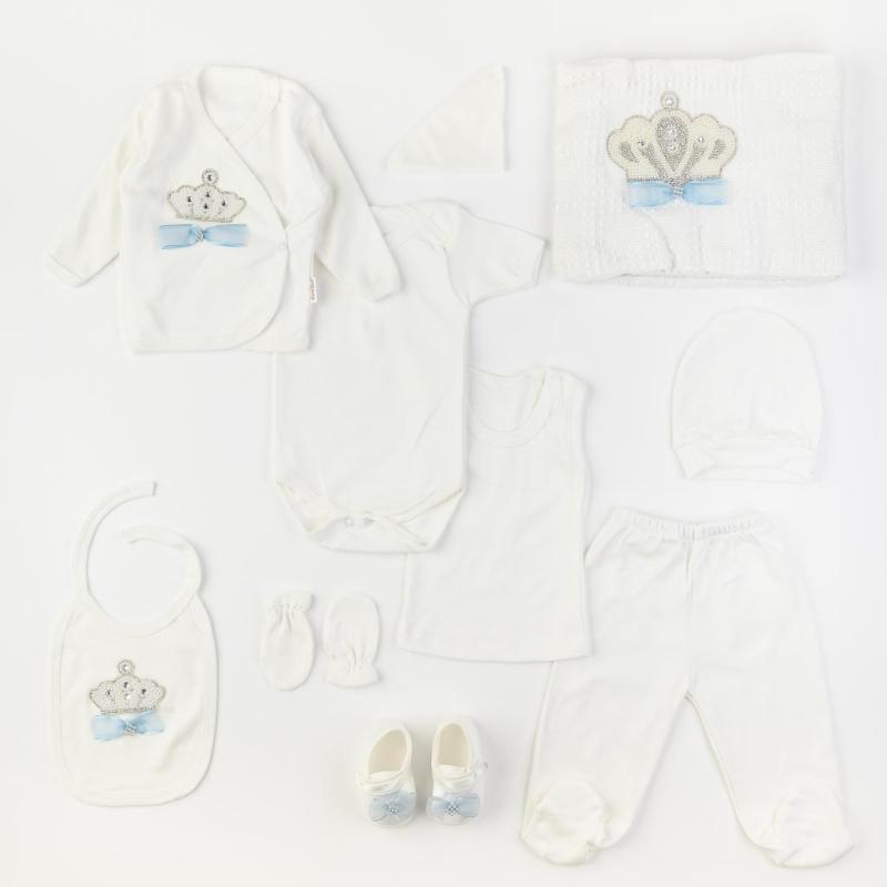 Set pentru externarea bebeluşilor cu păturică Pentru băiat  Donino Royal Crown  10 piese Albastru deschis