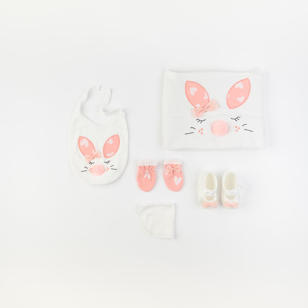 Комплект за изписване с пелена за момиче Bunny 10 части с обувчици Праскова