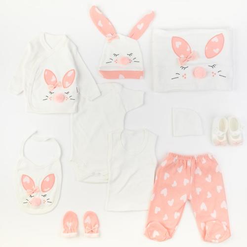 Βρεφικό σετ νεογέννητου με κουβερτουλα Για Κορίτσι  Bunny  10 τεμαχια με παπουτσακια Ροδακινι