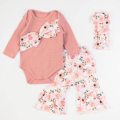 Бебешки комплект за момиче панталон лента за коса и боди Mini Baby Розов
