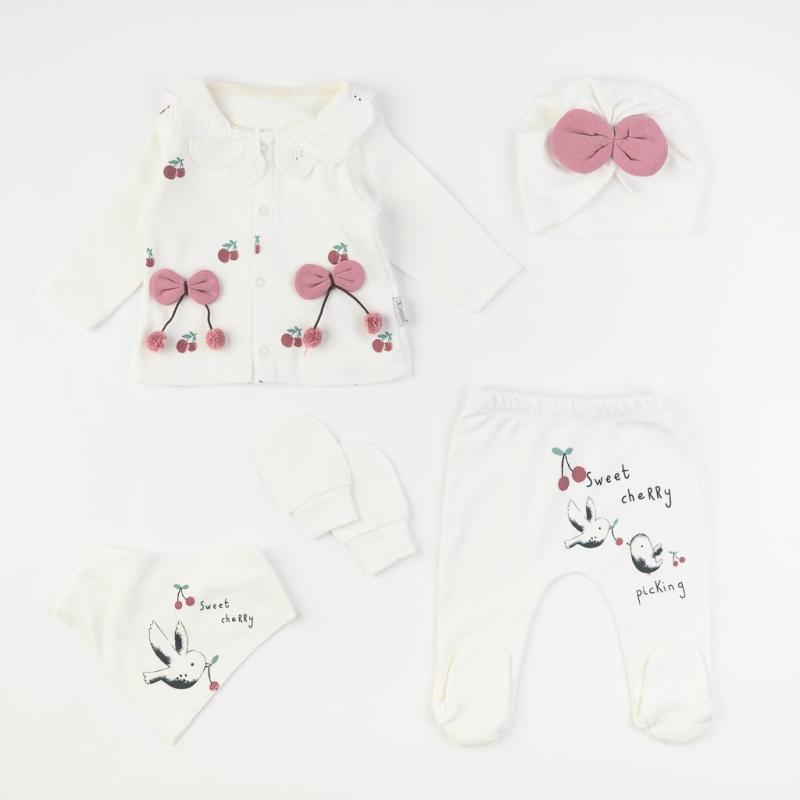 Βρεφικο Σετ για νεογεννητα Κορίτσι 5 τεμάχια  Mini Baby   Cherry baby  Ασπρο