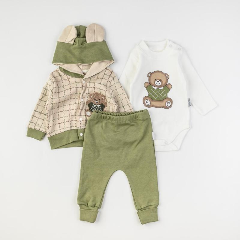 Бебешки комплект суитшърт панталонки и боди  момче Mini Baby Green Teddy Зелен