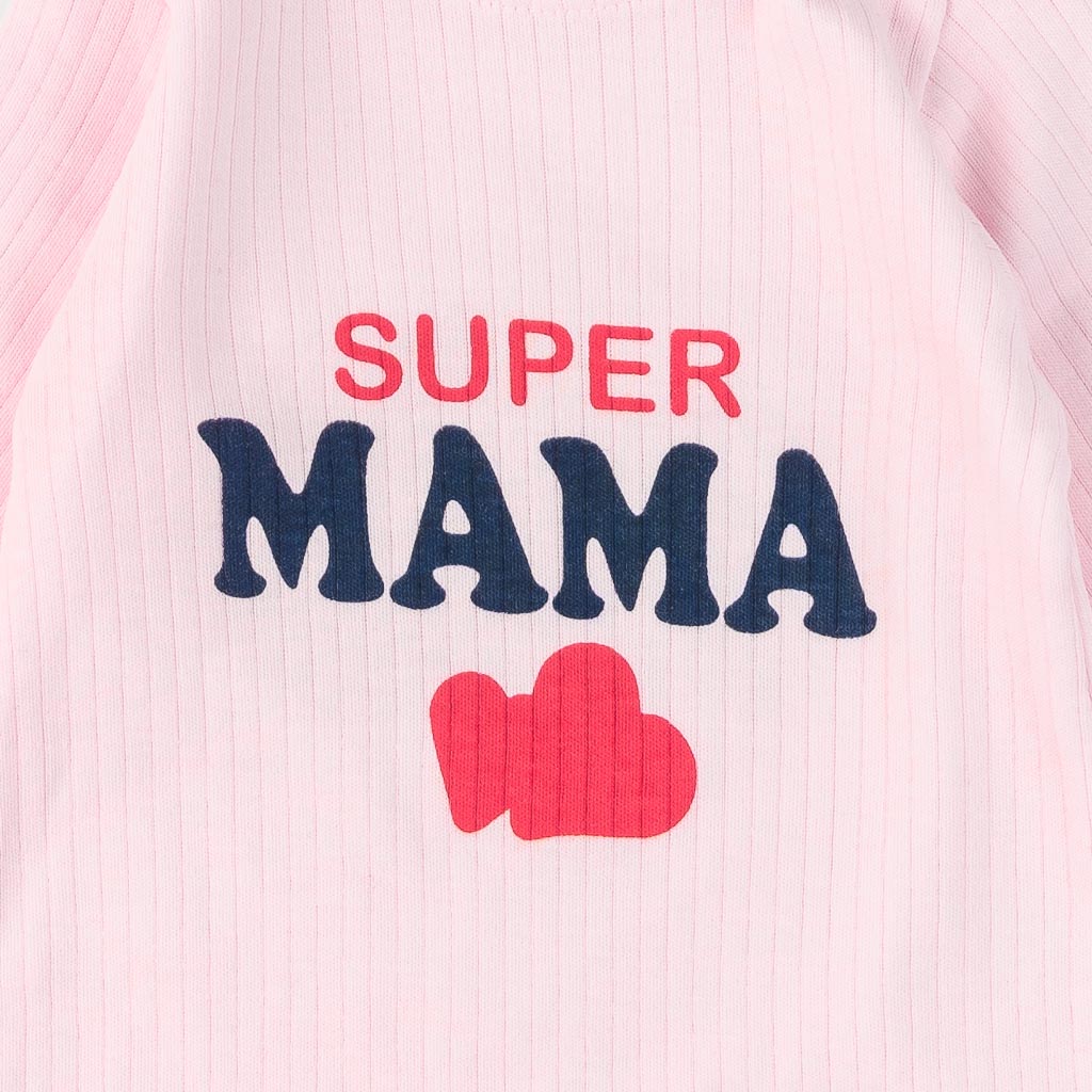 Бебешки гащеризон с дълъг ръкав за момиче Pinguu Kids Super Mama Розов
