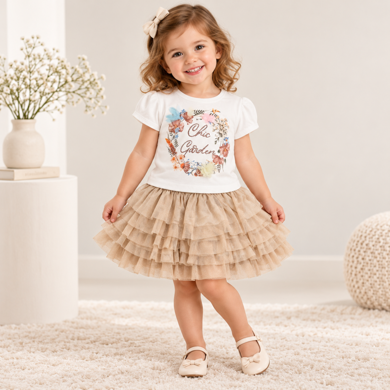 Детски комплект тениска и пола Sani Chic Garden Бежов