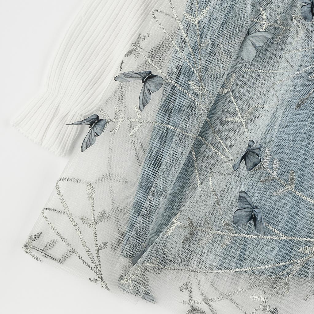 Βρεφικο φορεμα με μακρυ μανικι κορδελα για μαλλια και τουλι  Eray Kids Butterfly  Μπλε