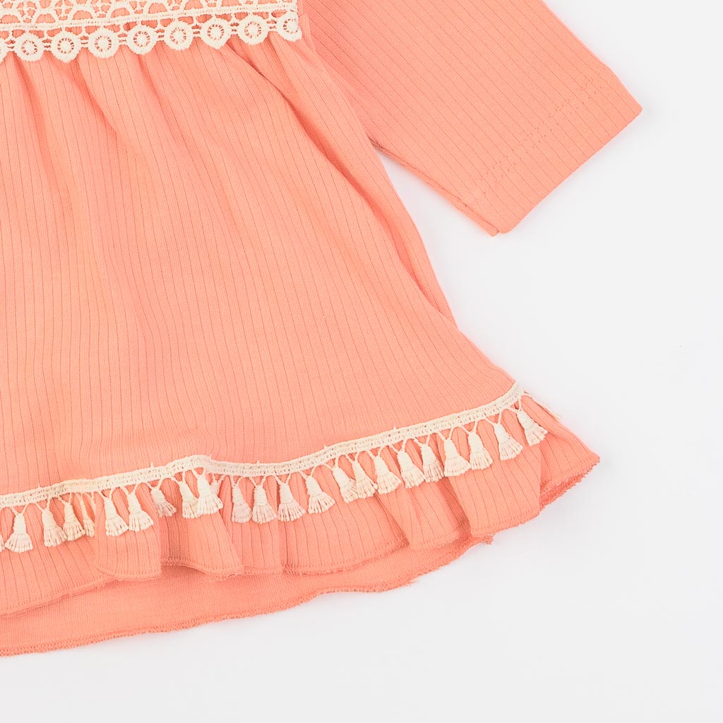 Бебешка рокля с дълъг ръкав и лента за коса Mini Born Peach collection Праскова