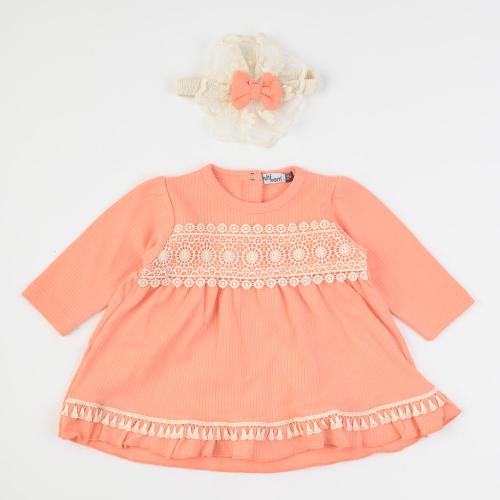 Бебешка рокля с дълъг ръкав и лента за коса Mini Born Peach collection Праскова