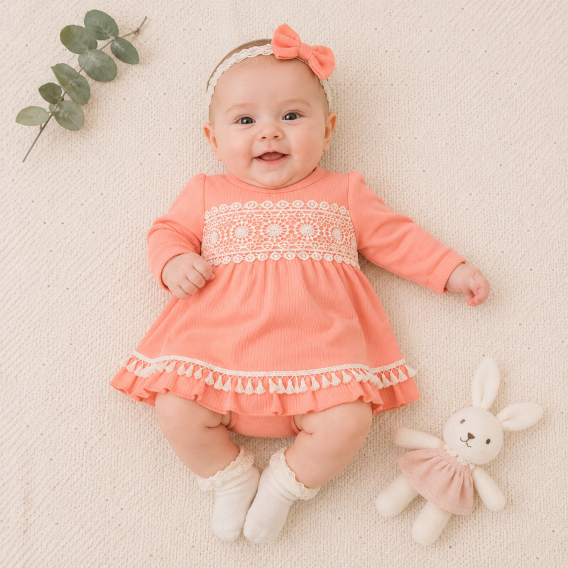 Бебешка рокля с дълъг ръкав и лента  коса Mini Born Peach collection Праскова