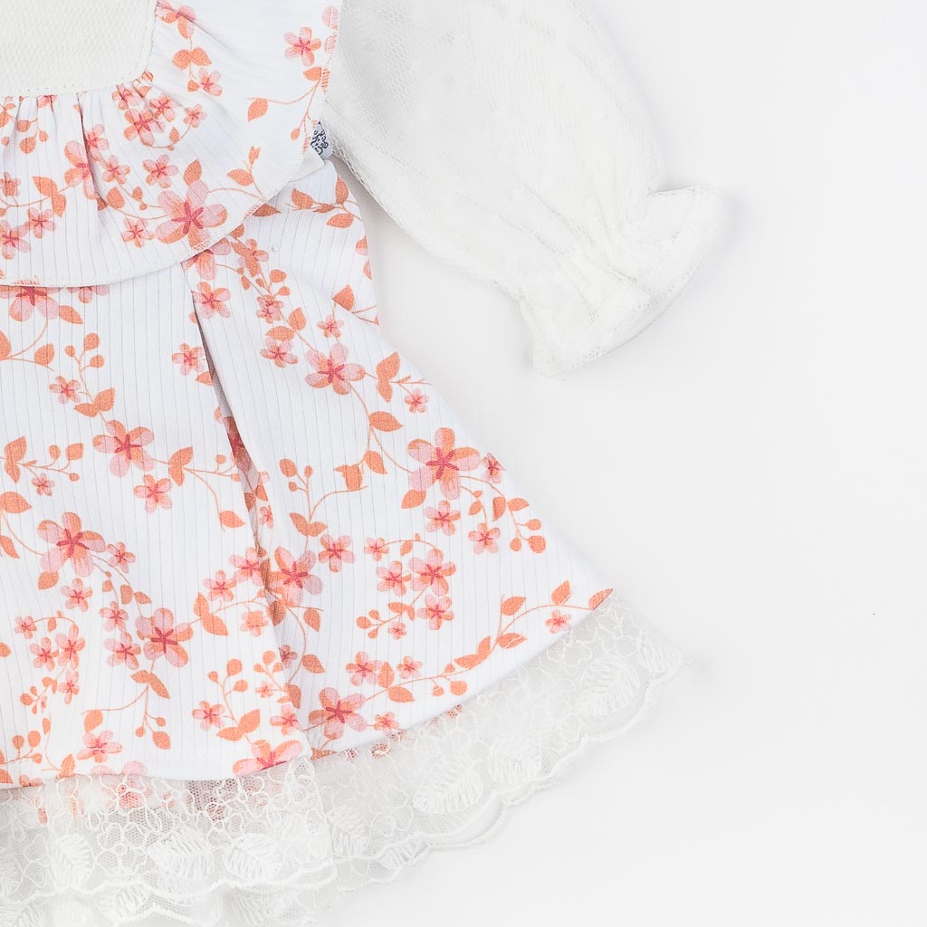 Βρεφικο φορεμα με μακρυ μανικι με κορδελα για μαλλια  Mini Born Peach collection  ασπρα