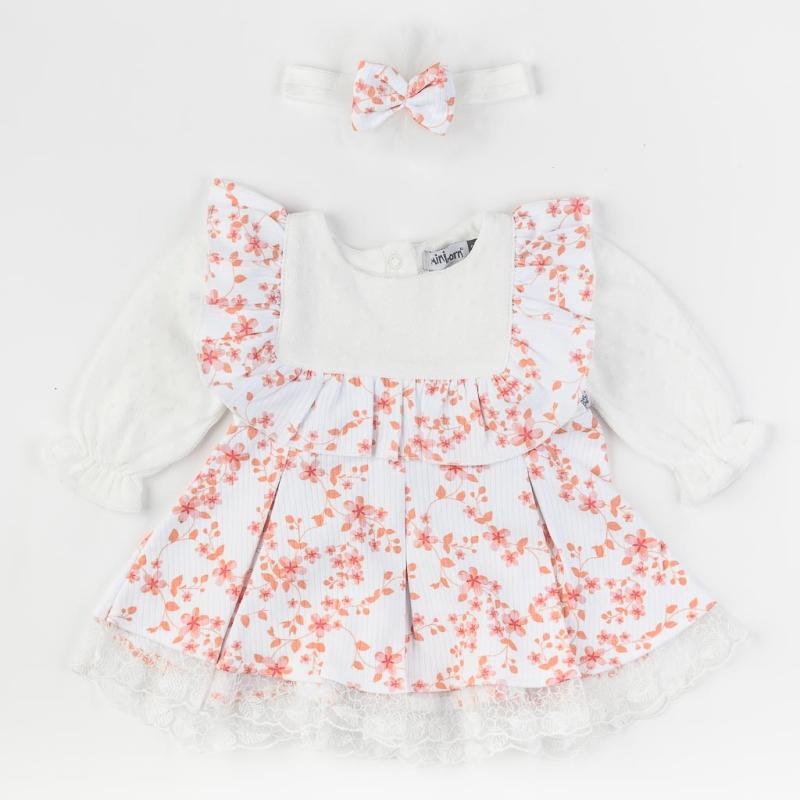 Бебешка рокля с дълъг ръкав и лента  коса Mini Born Peach collection Бяла