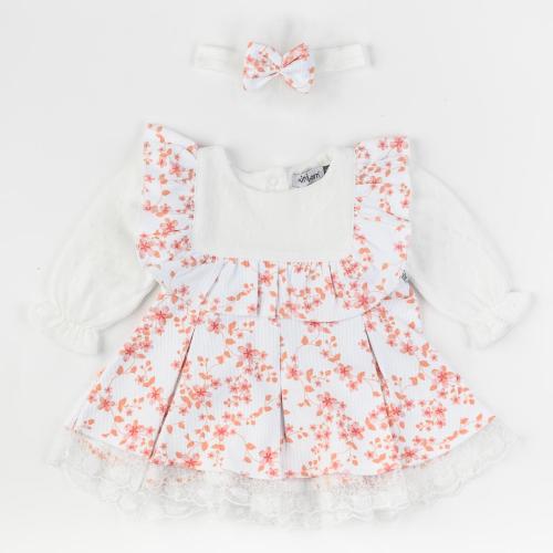 Бебешка рокля с дълъг ръкав и лента за коса Mini Born Peach collection Бяла
