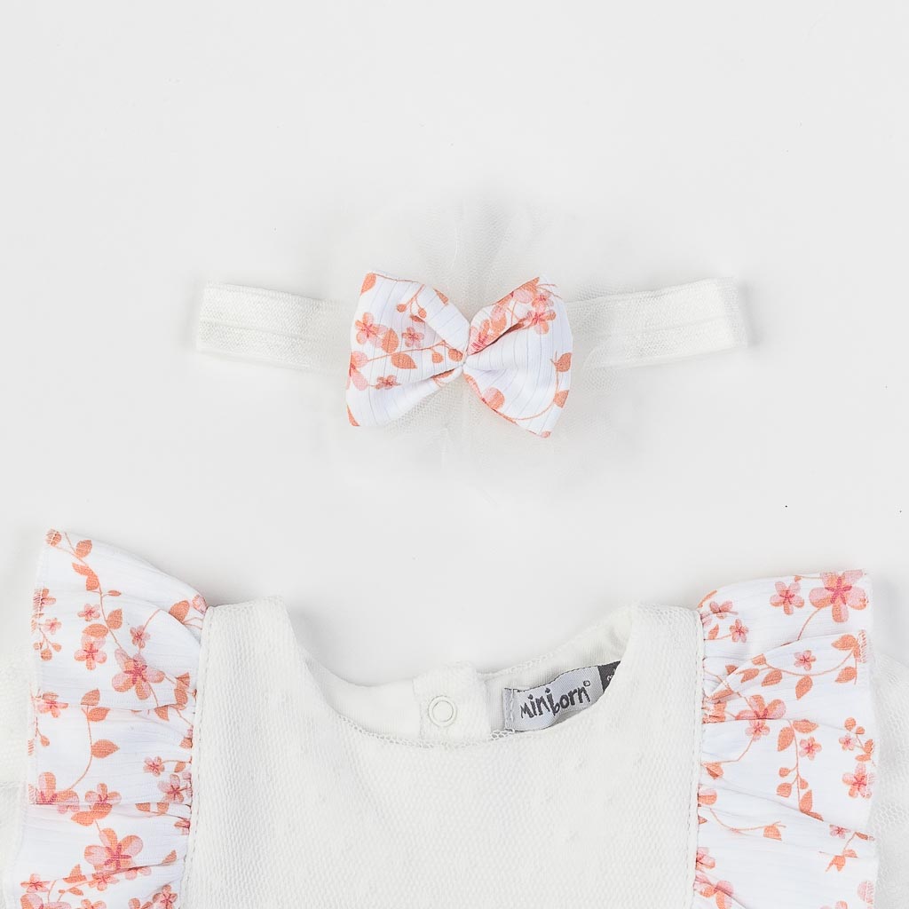 Бебешка рокля с дълъг ръкав и лента за коса Mini Born Peach collection Бяла
