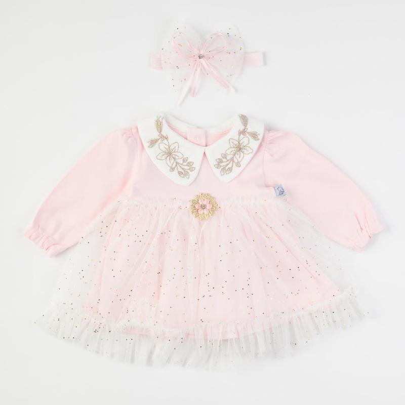 Бебешка рокля с дълъг ръкав тюл и лента  коса Mini Born Flower Baby Розова