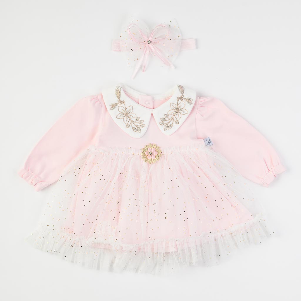 Бебешка рокля с дълъг ръкав тюл и лента за коса Mini Born Flower Baby Розова